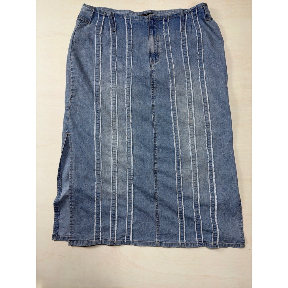 Route 66 Blue Denim Maxi Skirt Size 20 Stretch Raw Edge Seam Detail Side Slit